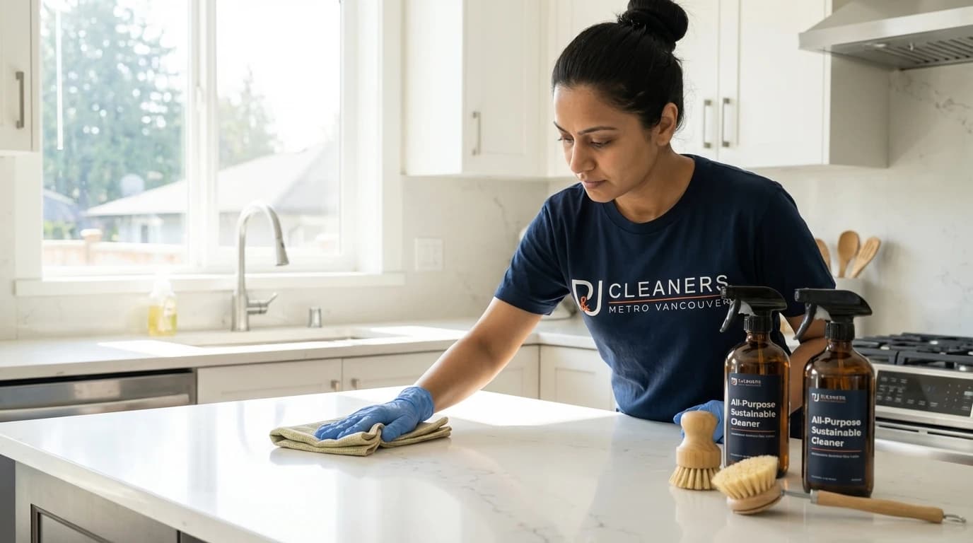 Cleaner wipes kitchen counter with reusable bamboo cloth and eco-friendly spray