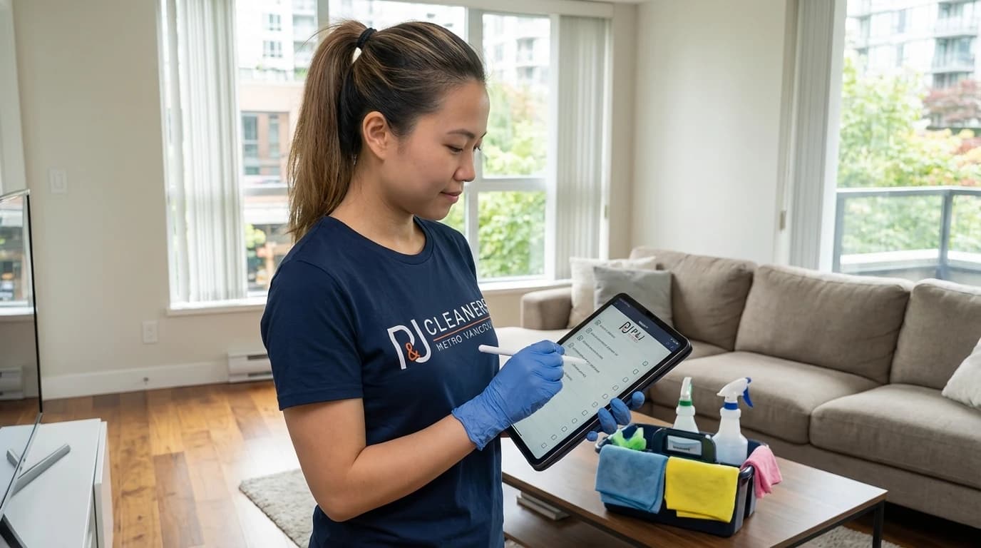 Professional cleaner reviewing detailed cleaning checklist on tablet in Vancouver home