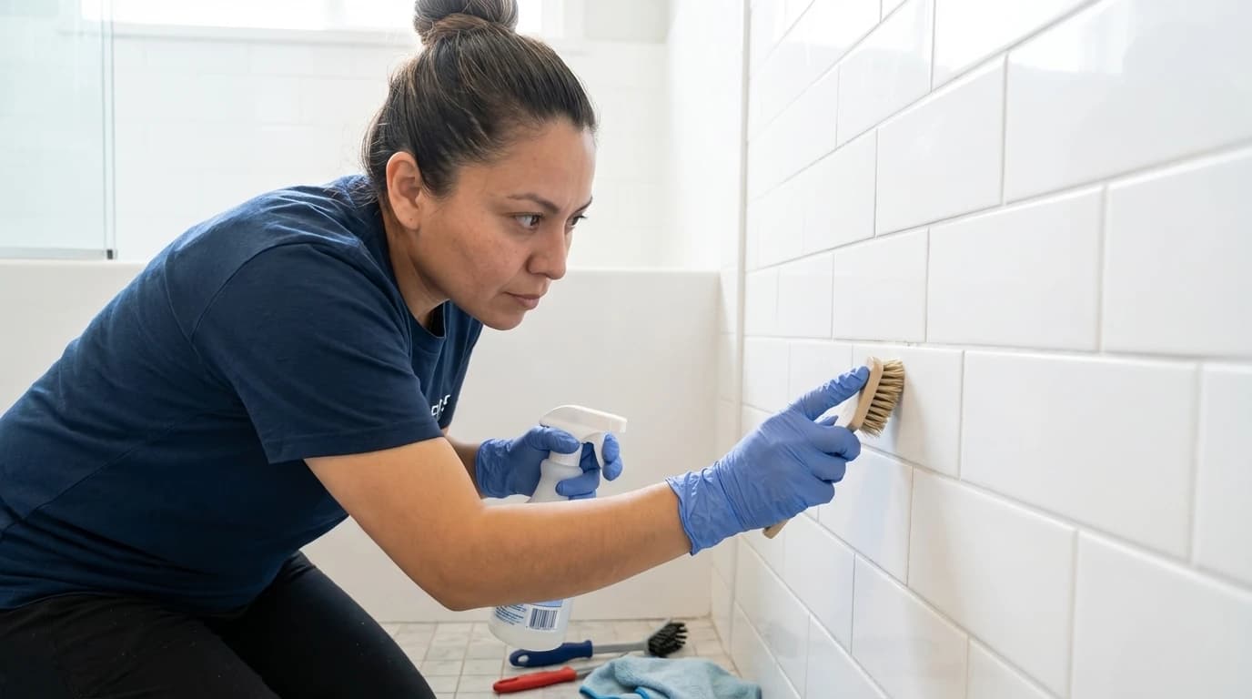 Professional cleaner scrubbing bathroom tile grout lines with specialized brush