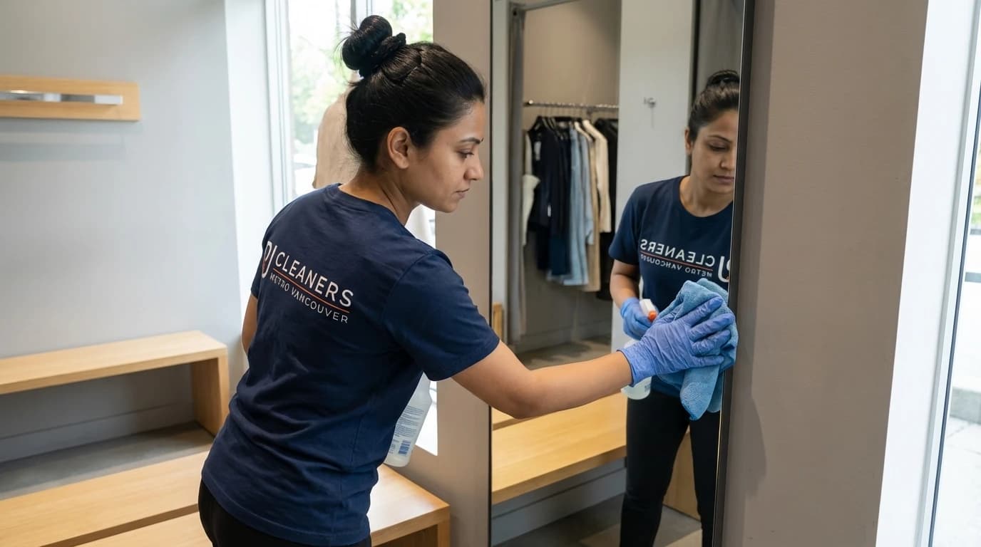 Professional cleaner wiping fitting room mirror and bench in clothing store