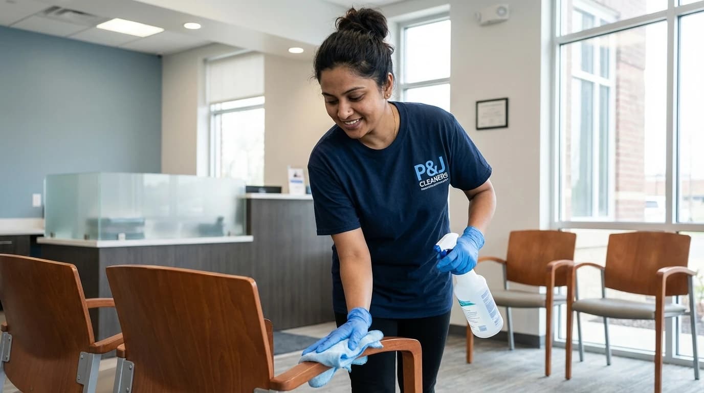 Professional cleaner sanitizing medical clinic waiting room in North Vancouver