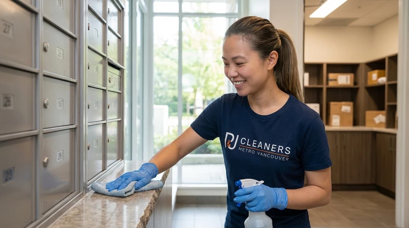 Professional cleaner sanitizing mailbox area and lobby counter in Langley strata building