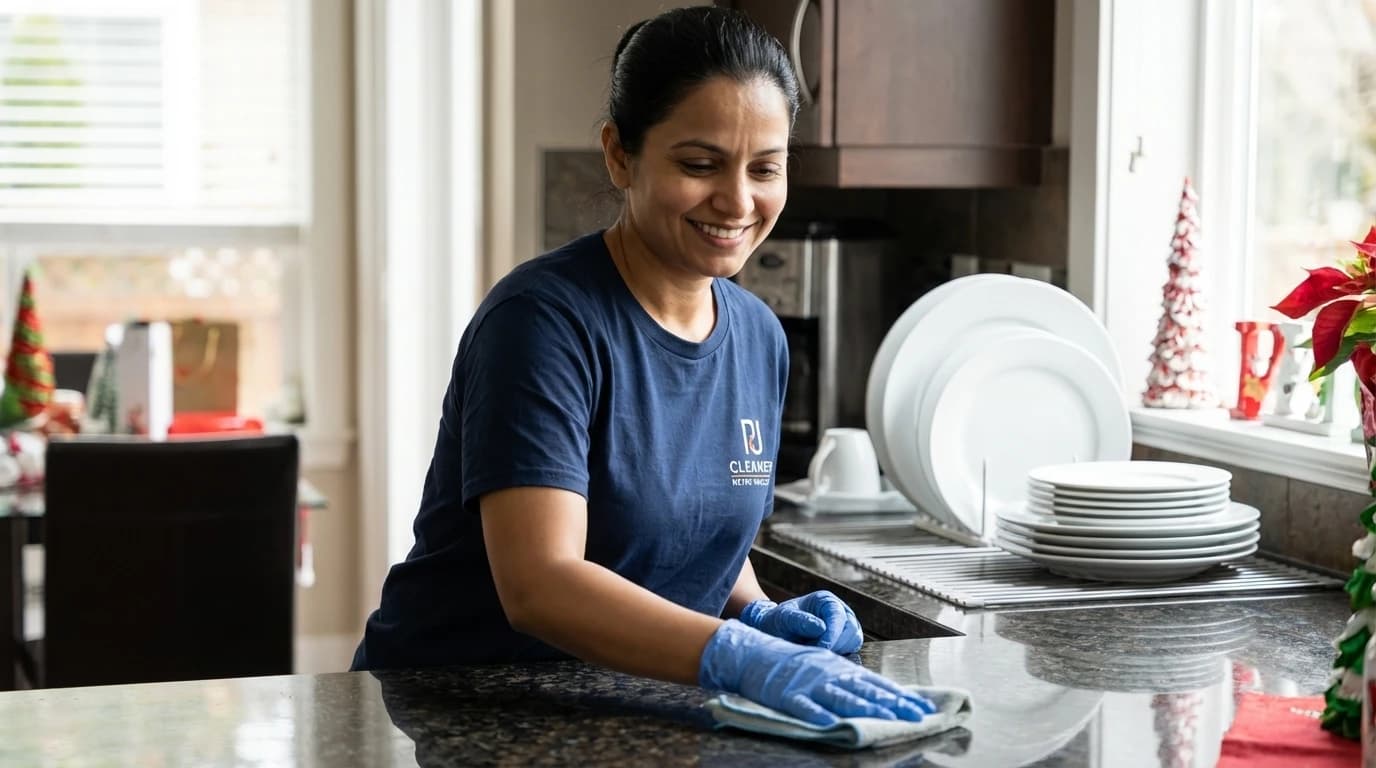 Professional cleaner organizing and wiping kitchen counter during seasonal cleanup