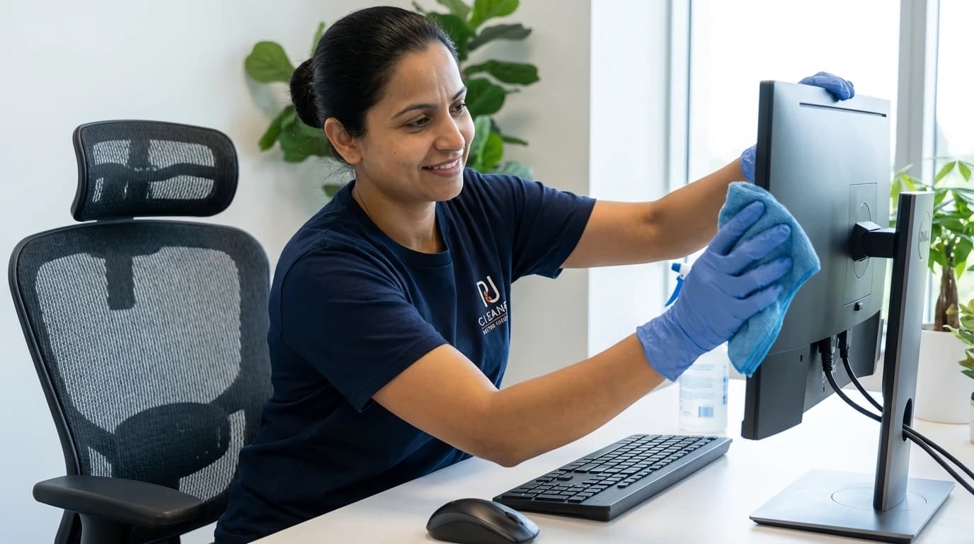 Professional cleaner sanitizing office desk and computer monitor in Vancouver workspace