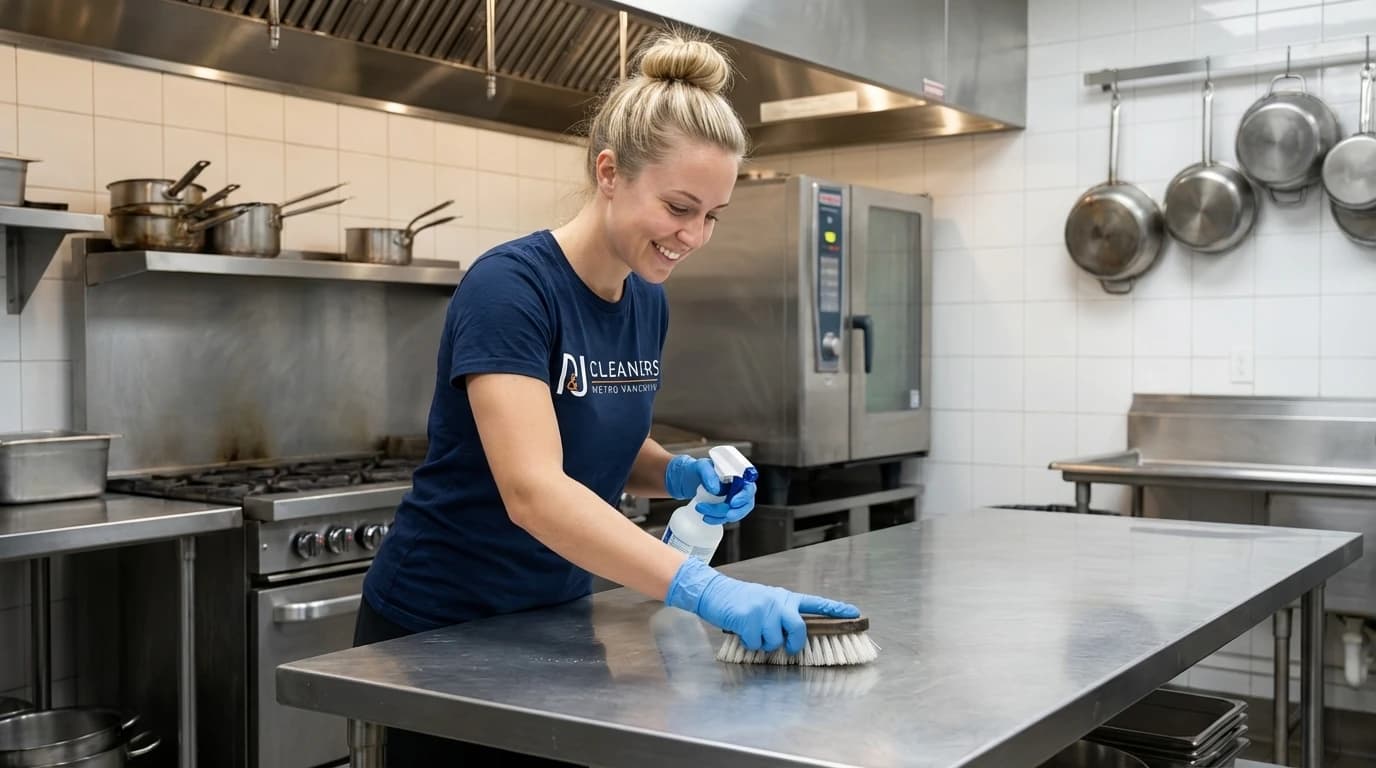 Professional cleaner scrubbing stainless steel prep surfaces in Port Moody brewery kitchen