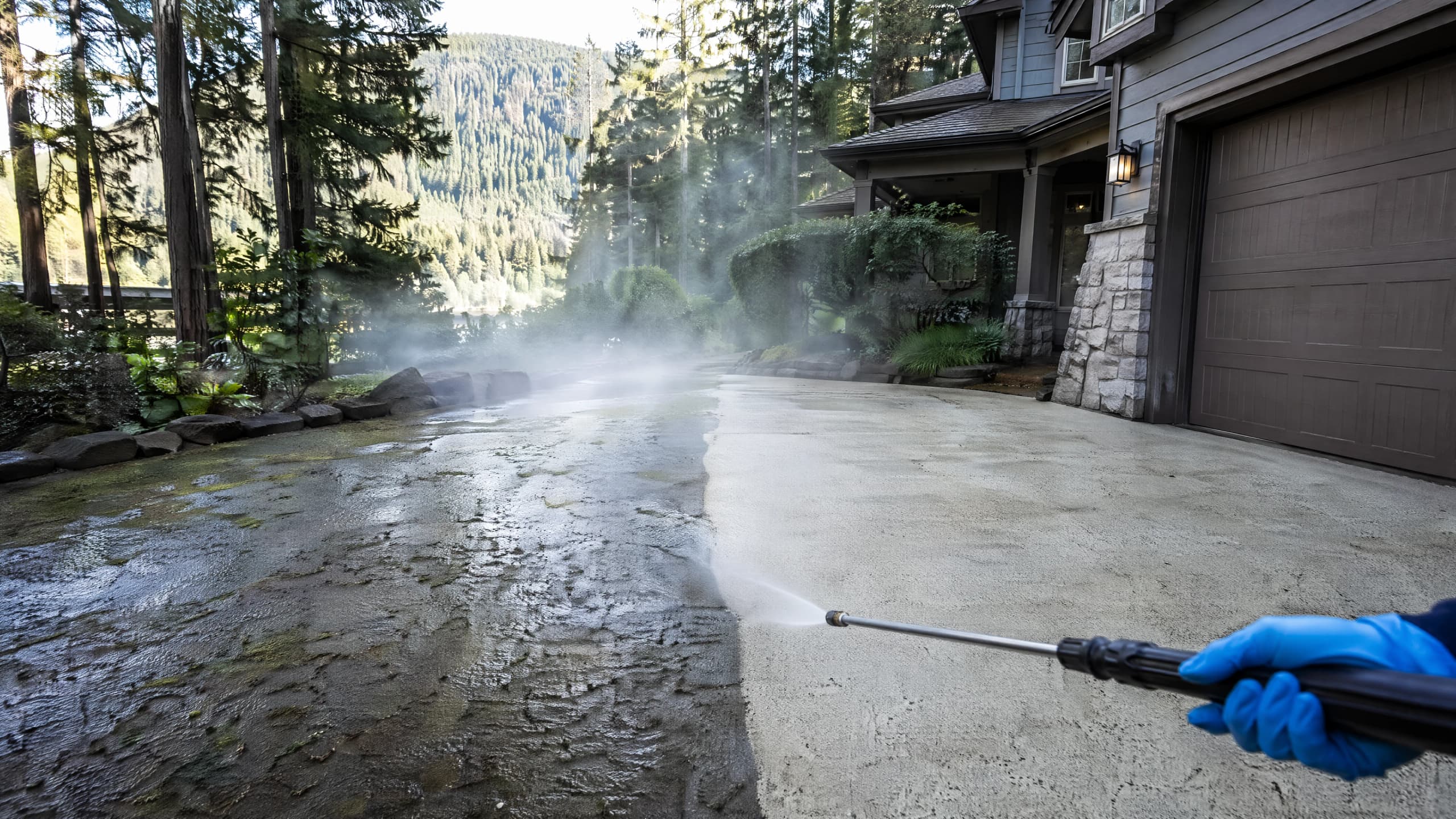 Half-cleaned North Vancouver driveway mid pressure wash, grime on one side and pale clean concrete on the other, mountains behind