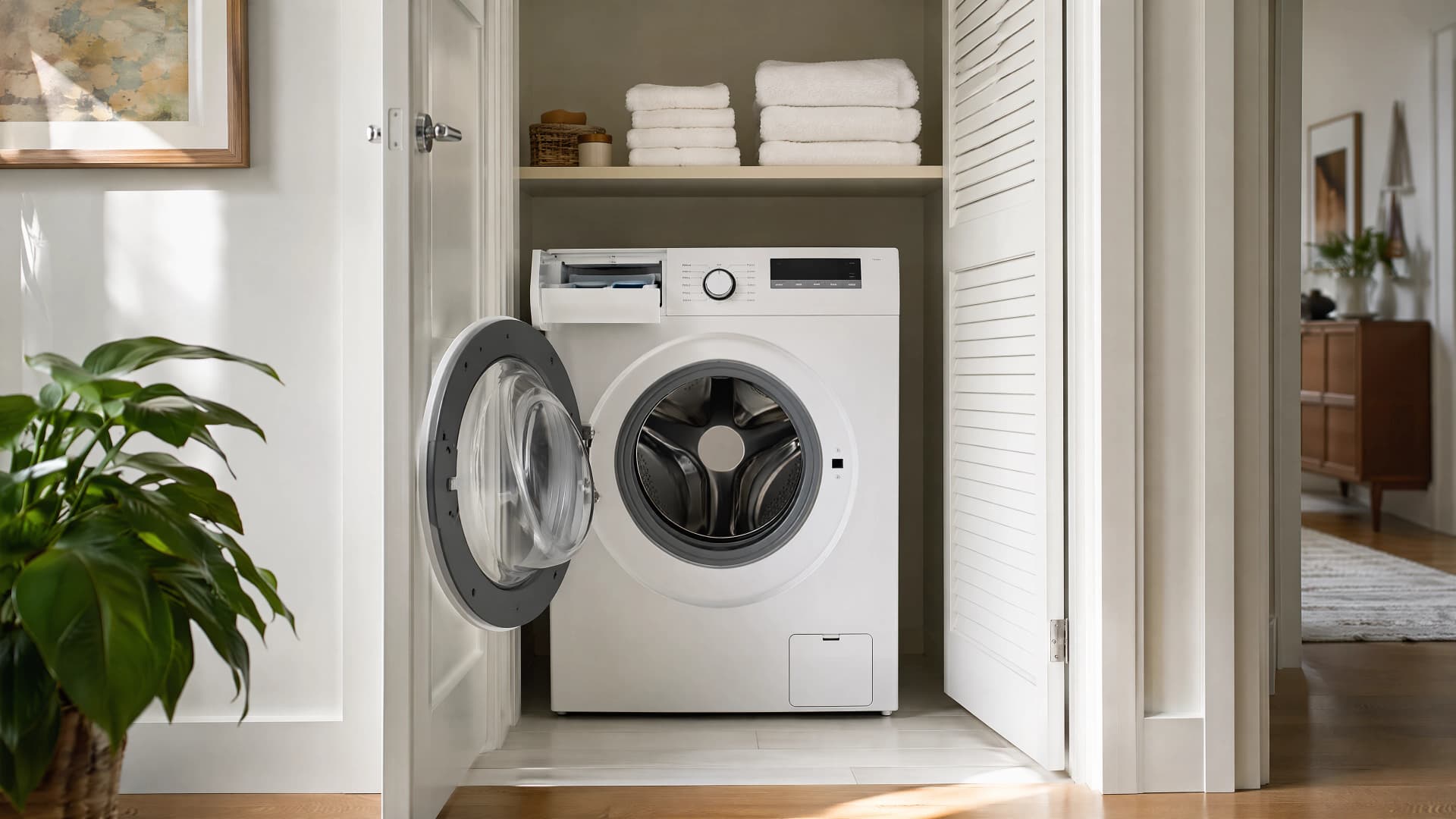 Bright apartment laundry closet with the front-load washer door and detergent drawer left open to air out between loads