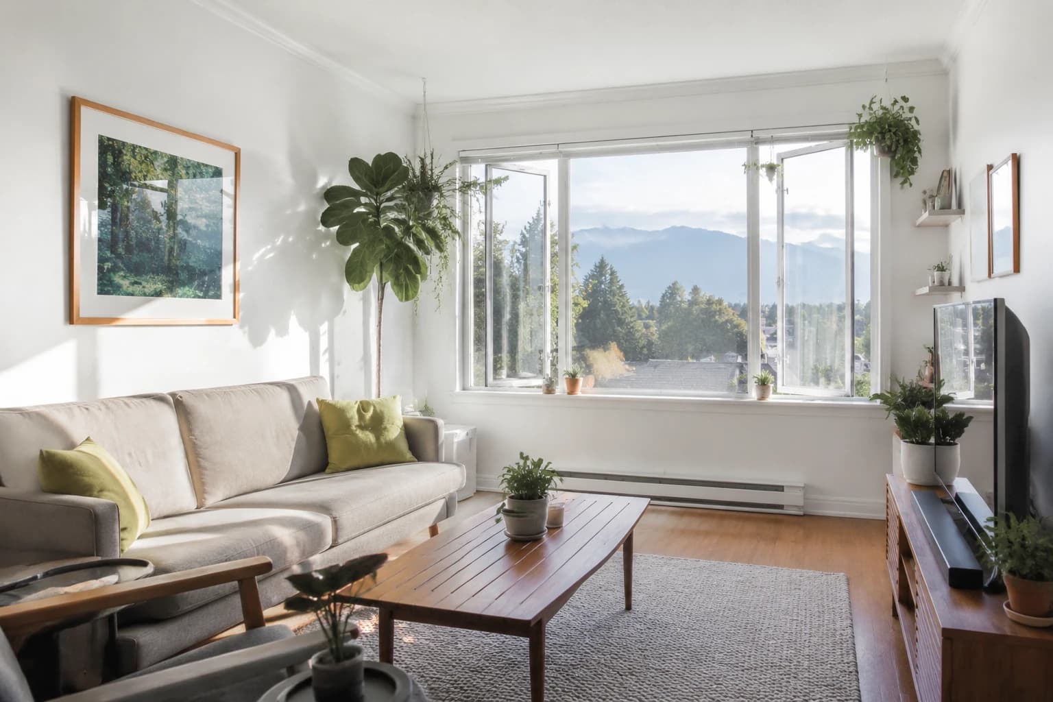 Bright Vancouver living room with freshly washed pale walls and windows open to daylight after a smoke-odour deep clean