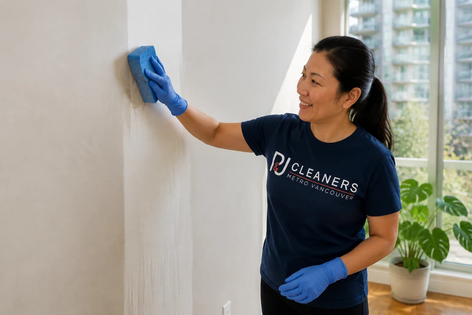 Gloved P&J Cleaners team member washing a wall top to bottom with a sponge, a clean streak appearing behind the stroke