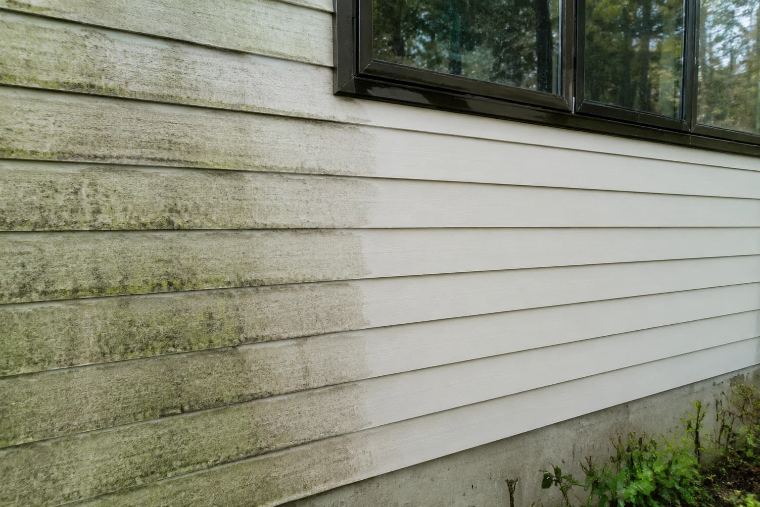 North-facing house siding half covered in green algae and black moss, half soft-washed clean to bright cream