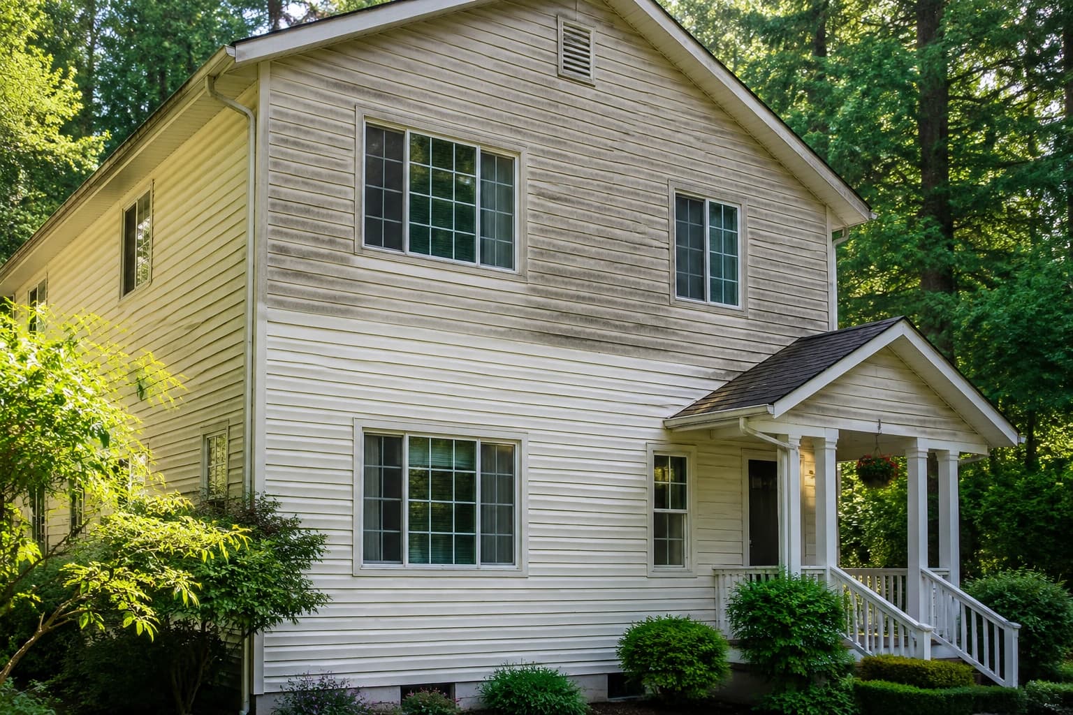 Two-storey West Coast home with pale siding showing grime above and freshly washed siding below, forest behind
