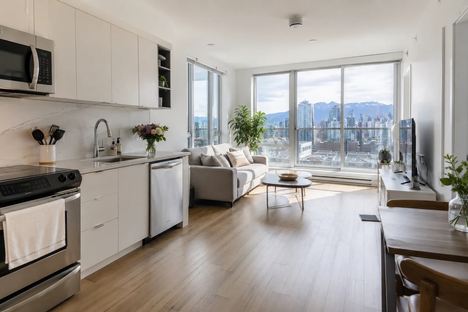 Freshly cleaned open-plan Vancouver condo with gleaming counters and floor-to-ceiling city and mountain views