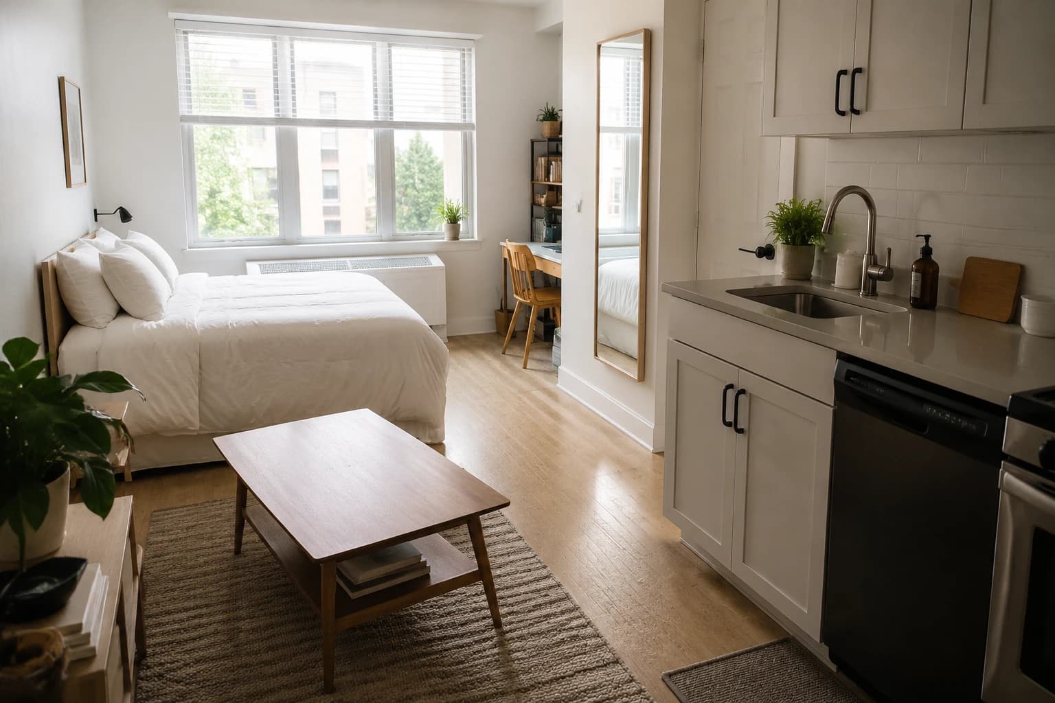 Tidy compact studio apartment with a made bed, cleared coffee table, and clean kitchen visible in one open space