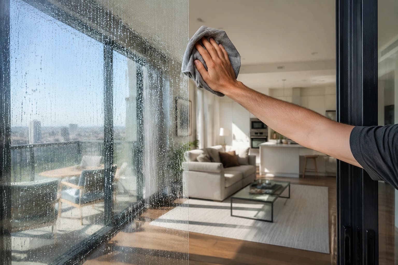 A sliding glass condo door wiped clean, streaked glass turning clear to reveal a bright open-plan living area
