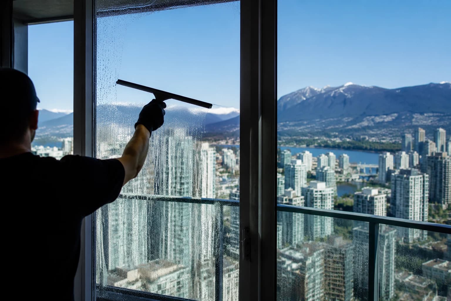 High-rise condo balcony sliding glass door being squeegeed clear above a Vancouver city and mountain skyline