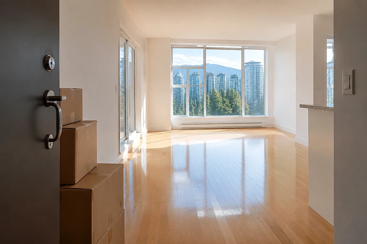 Bright empty Vancouver condo on move-in day with gleaming floors, moving boxes, and mountain views