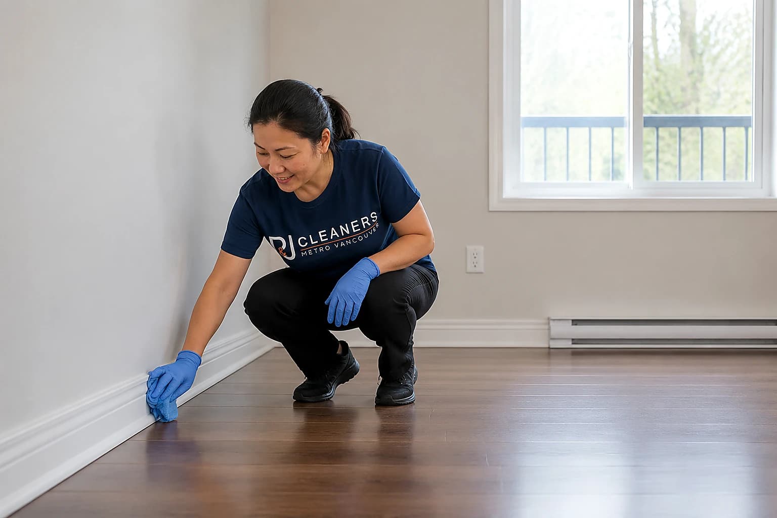 P&J cleaner wiping baseboards in an empty apartment at move-out, showing the clean line inspectors check