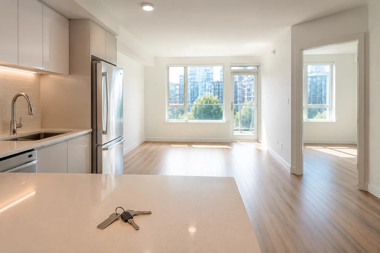 Freshly cleaned empty one-bedroom Vancouver condo with keys on the counter, move-out ready