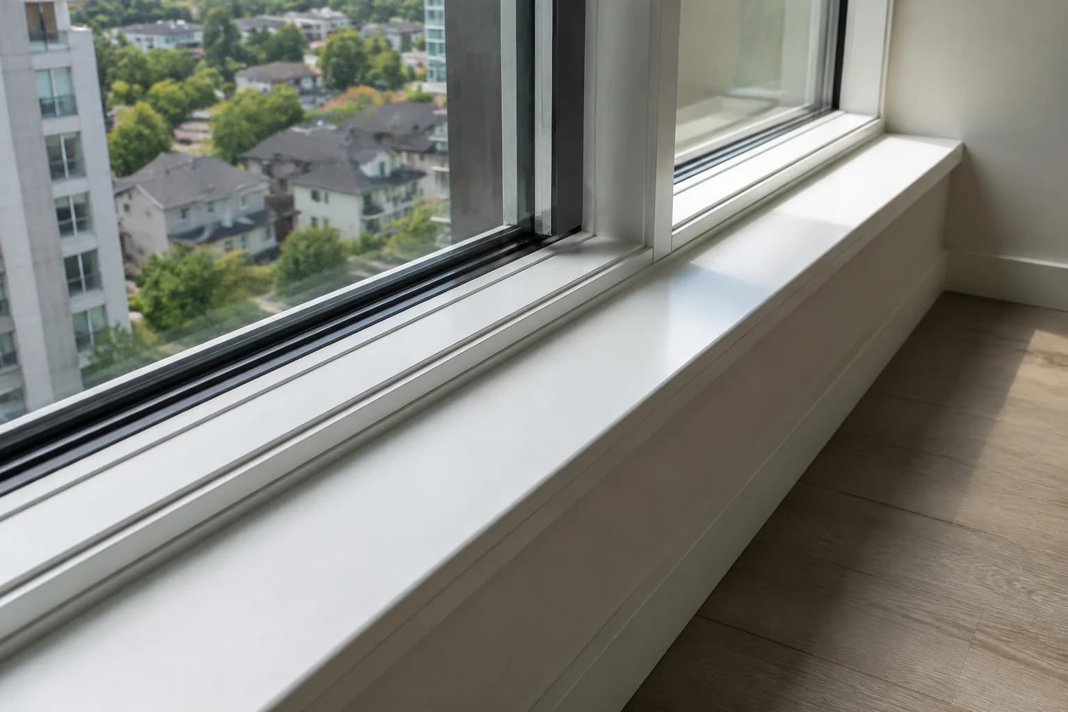 Spotless window track and sill in an empty Vancouver suite with the city visible outside