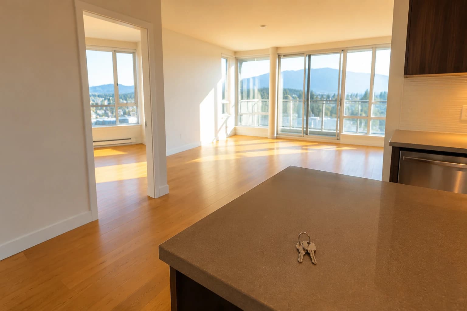 Empty one-bedroom Vancouver condo after a move-out clean, keys on the counter and mountains through spotless glass