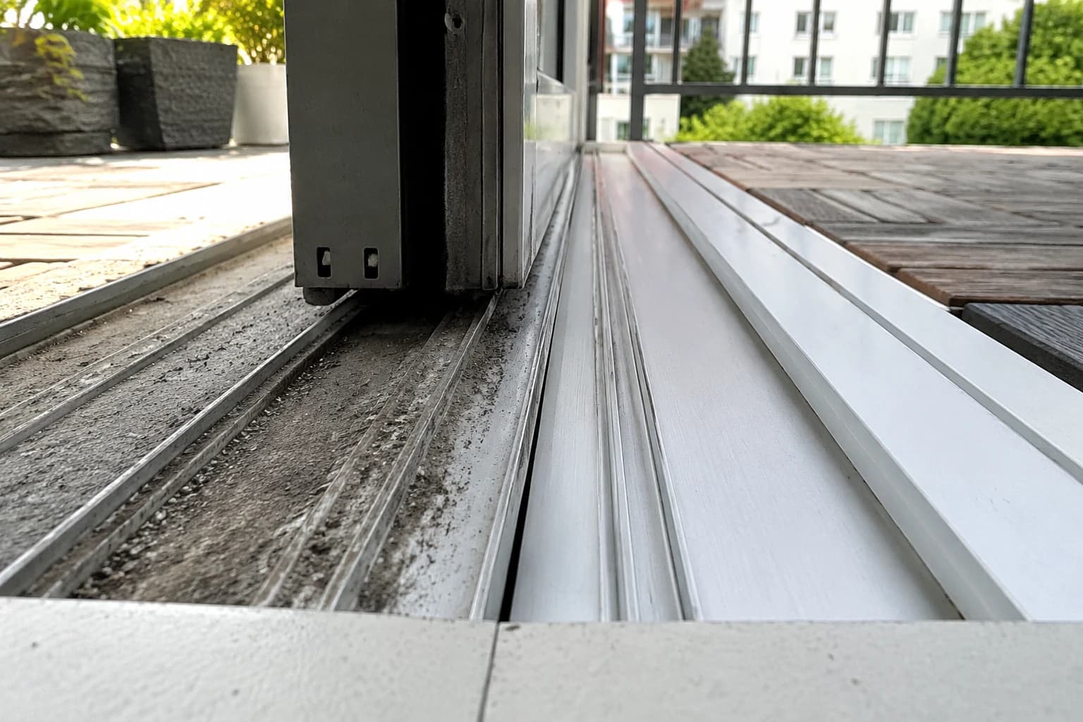 Balcony door track in a Vancouver apartment, one half detailed clean and the other half still packed with grey grit