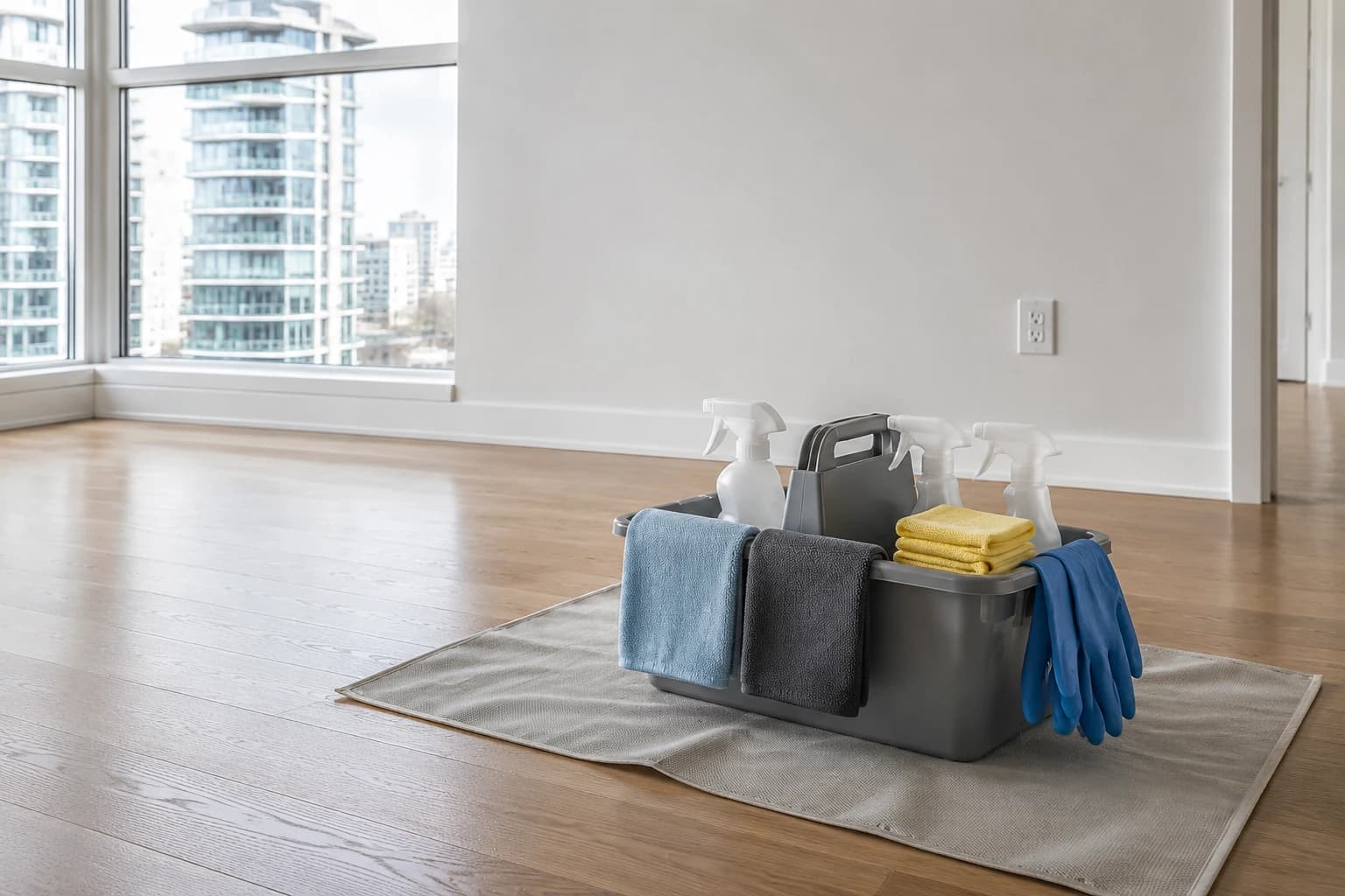 Cleaning caddy with unlabelled bottles, folded cloths and gloves on a protective mat in an empty Vancouver suite