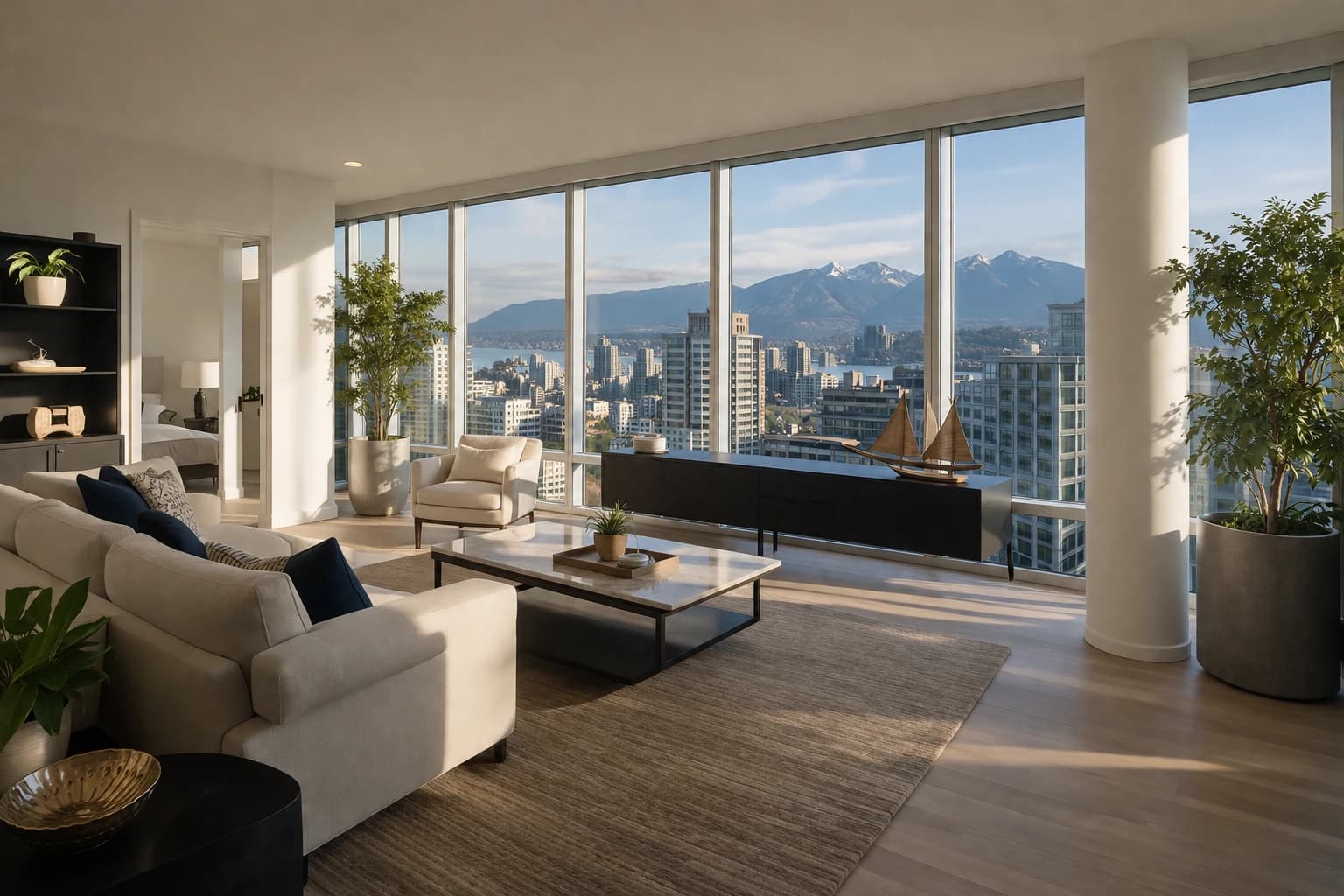 Freshly cleaned Vancouver high-rise condo living room with floor-to-ceiling windows and North Shore mountain views
