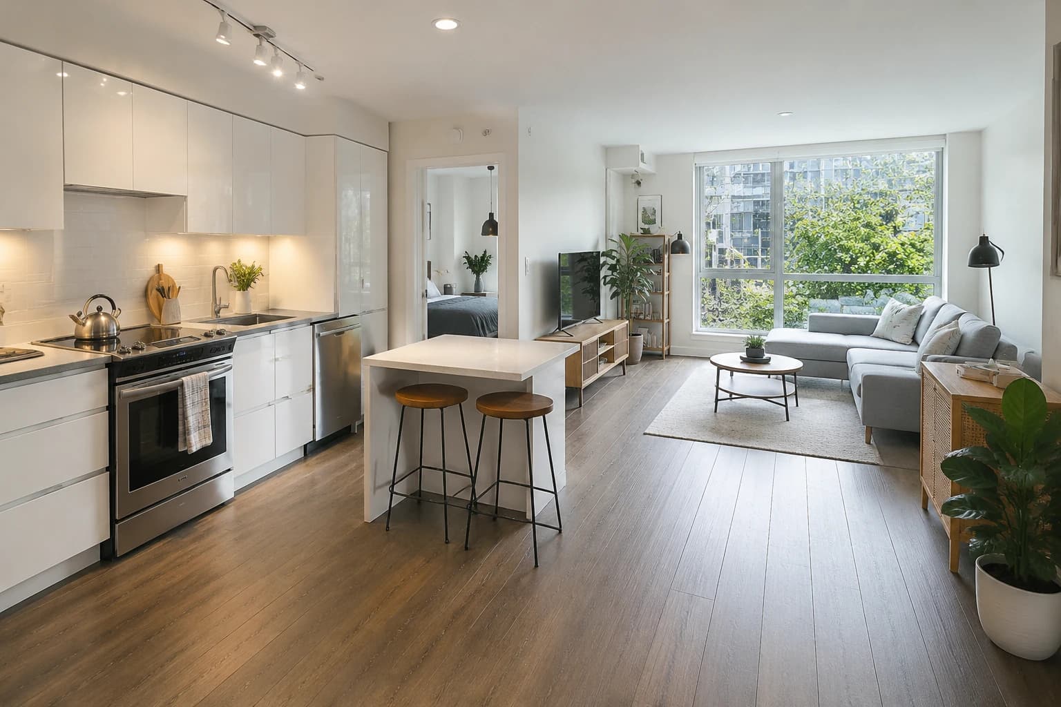 Compact one-bedroom Vancouver apartment cleaned end to end, open kitchen and living area in one frame