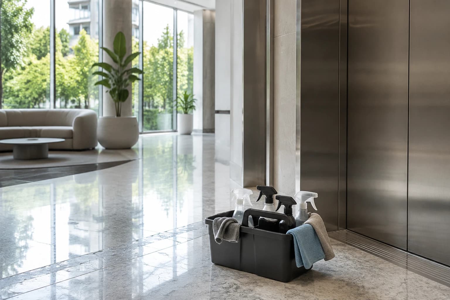 Cleaning supplies caddy on the polished stone floor of a modern Vancouver tower lobby by the elevators