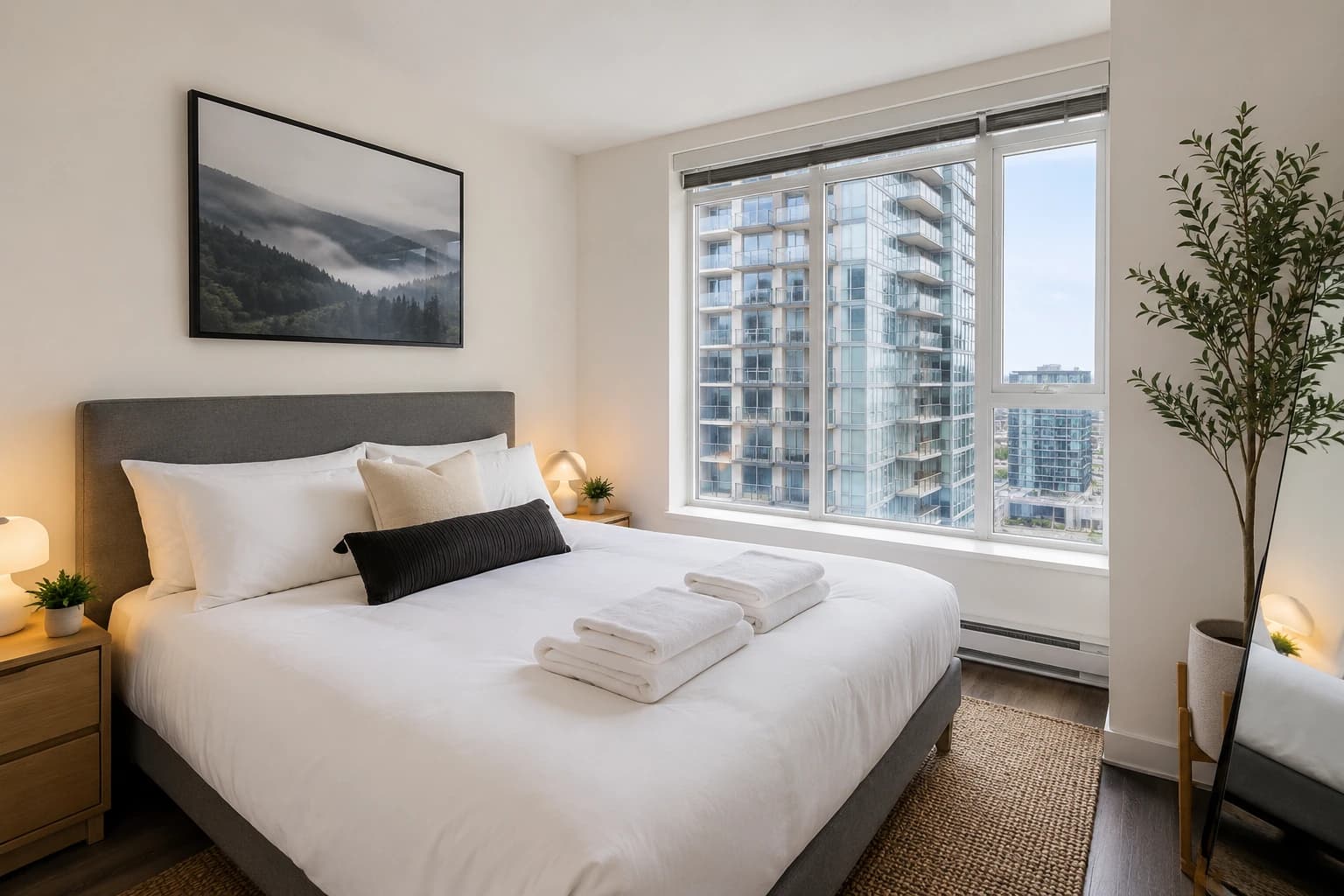 Vancouver condo bedroom reset and staged for an Airbnb check-in with crisp white bedding and folded towels