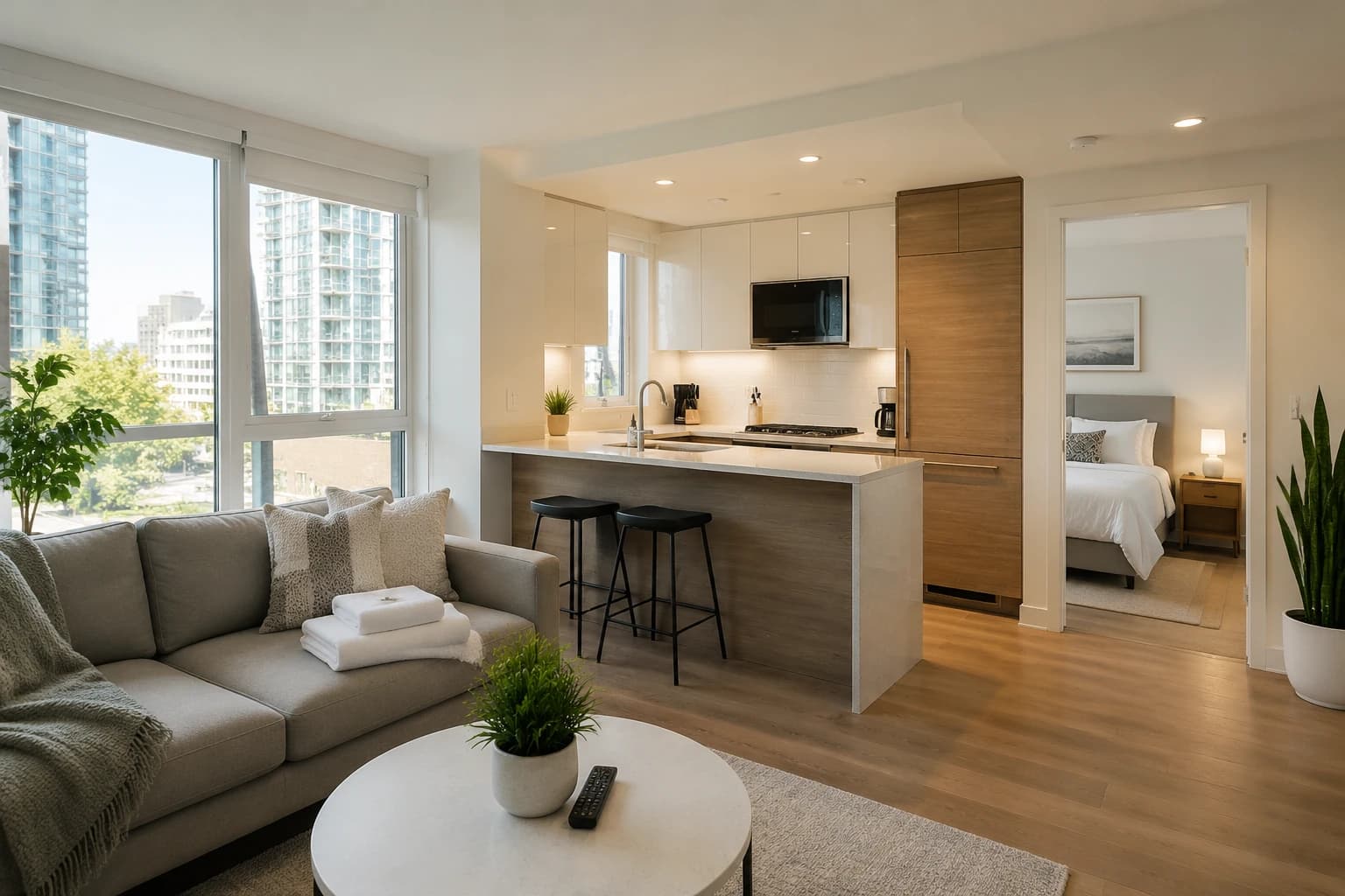 One-bedroom Vancouver condo fully reset after a turnover, clear kitchen counters and folded towels on the sofa