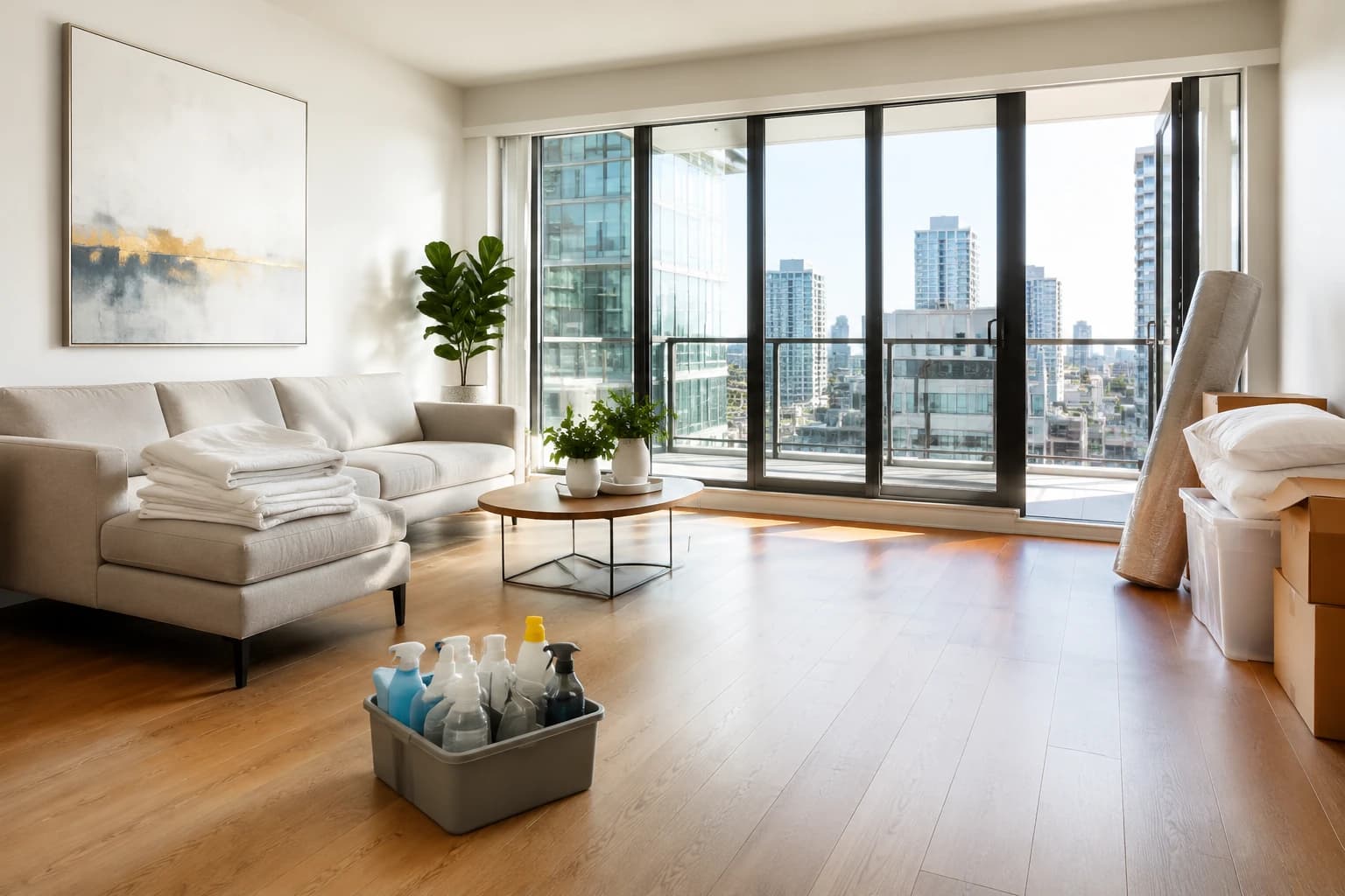 Vancouver condo living room halfway through a turnover, fresh linens stacked on the sofa and a caddy on the floor