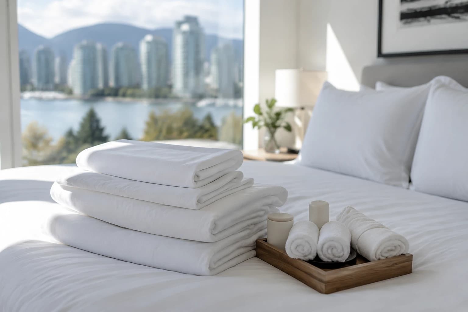 Laundered white linens and a tray of guest amenities on a made bed in a Vancouver condo above False Creek