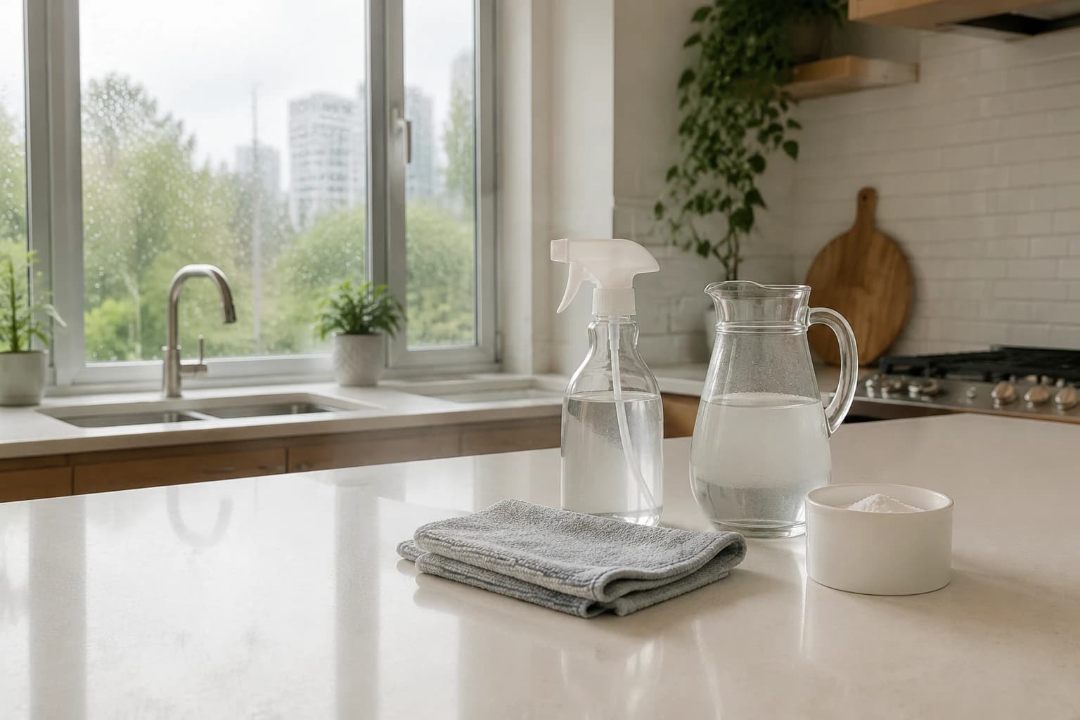 Homemade cleaning supplies on a freshly wiped counter in a bright Vancouver kitchen on a rainy morning