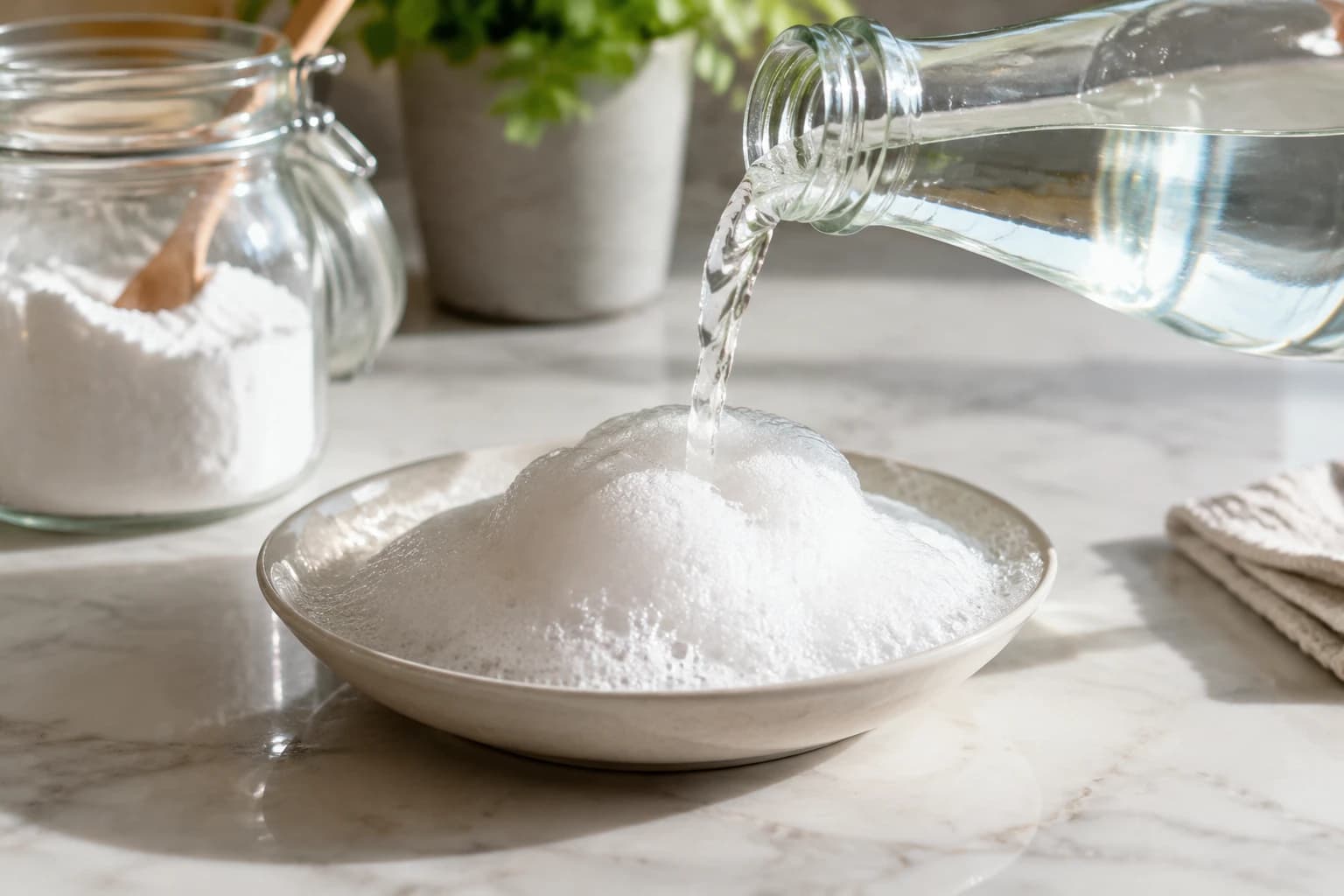 White vinegar poured over baking soda foaming in a bowl, the neutralisation reaction that cancels both cleaners