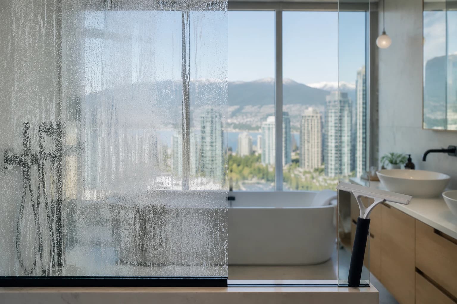 Shower glass half treated with a vinegar solution, hard water film on the left and clear glass on the right