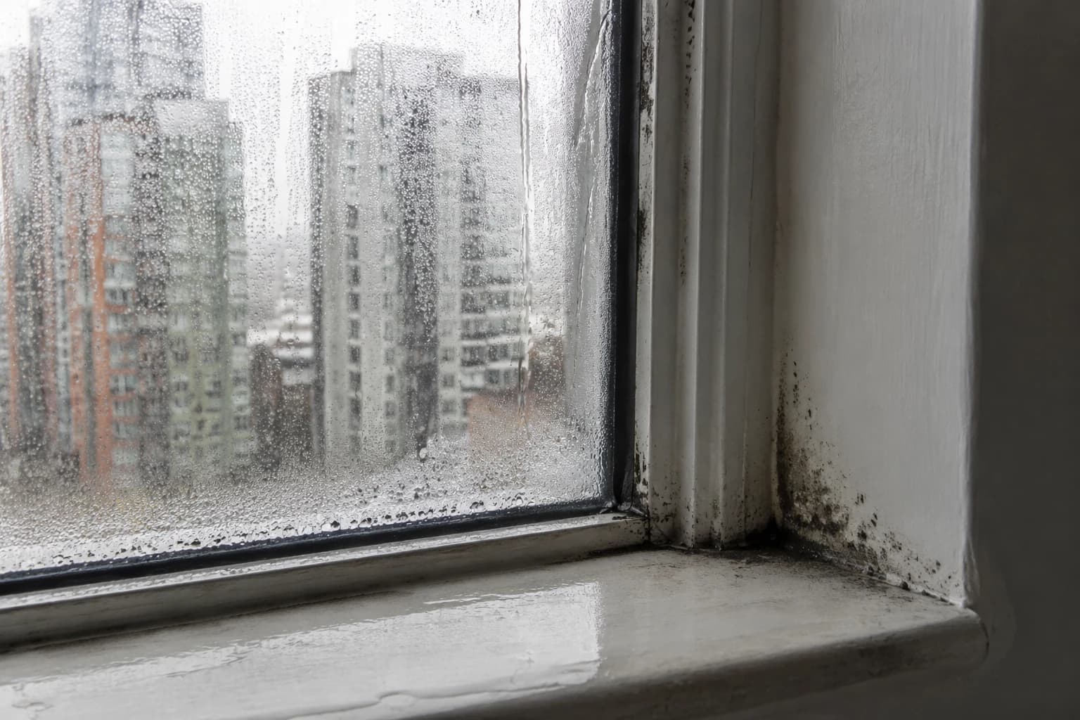 Condensation running down an older Vancouver apartment window with mildew forming on the damp painted sill