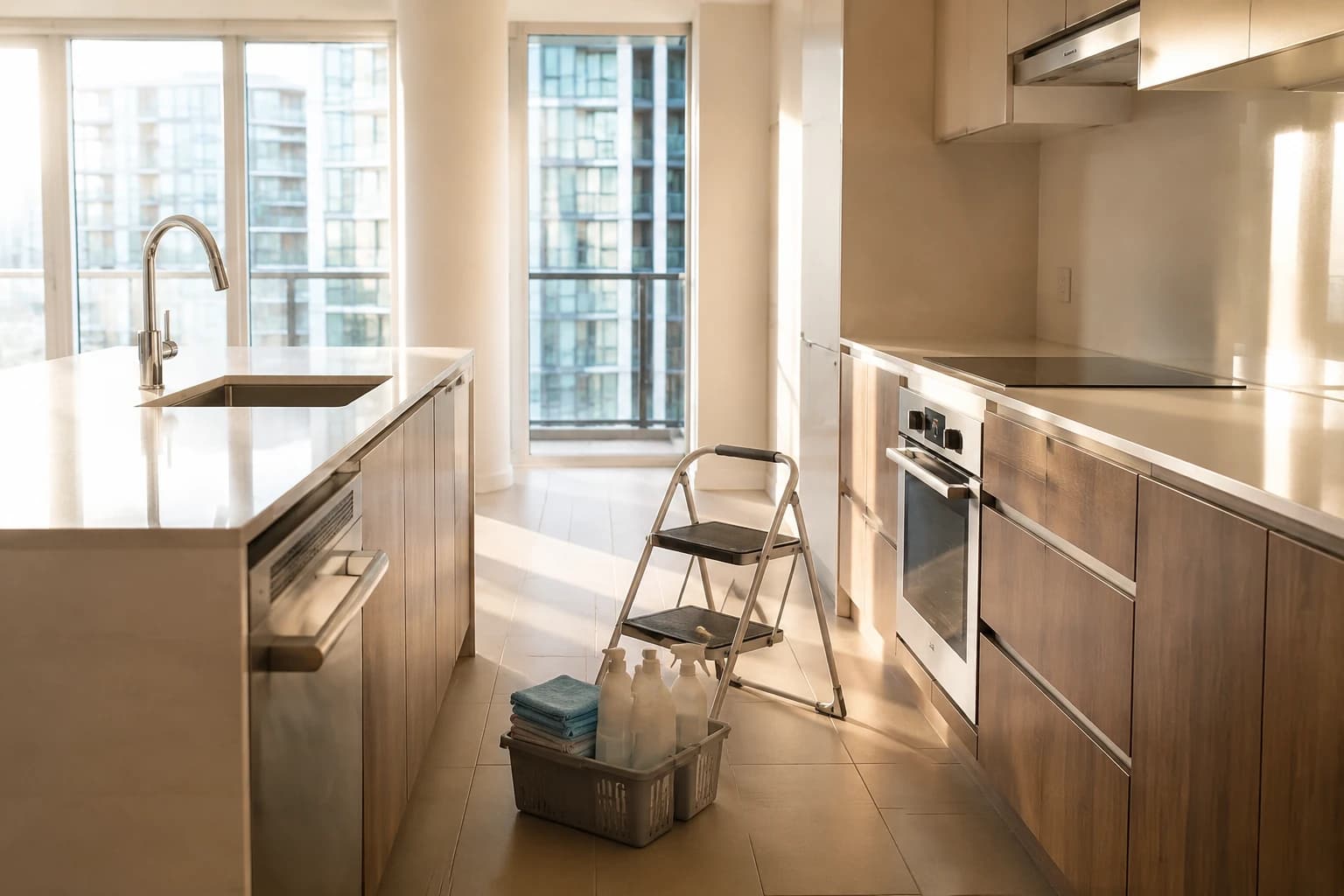 Cleared and gleaming Vancouver condo kitchen at the finishing stage of a professional deep clean