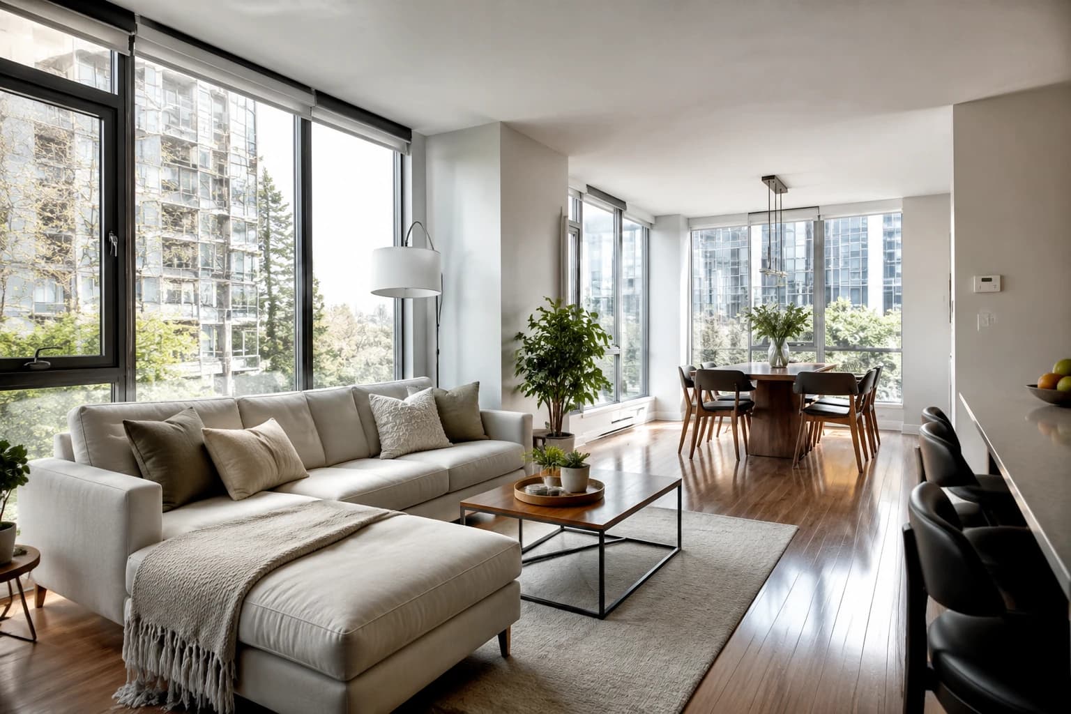Freshly cleaned open-plan living and dining room in a Vancouver home with gleaming floors and spotless windows