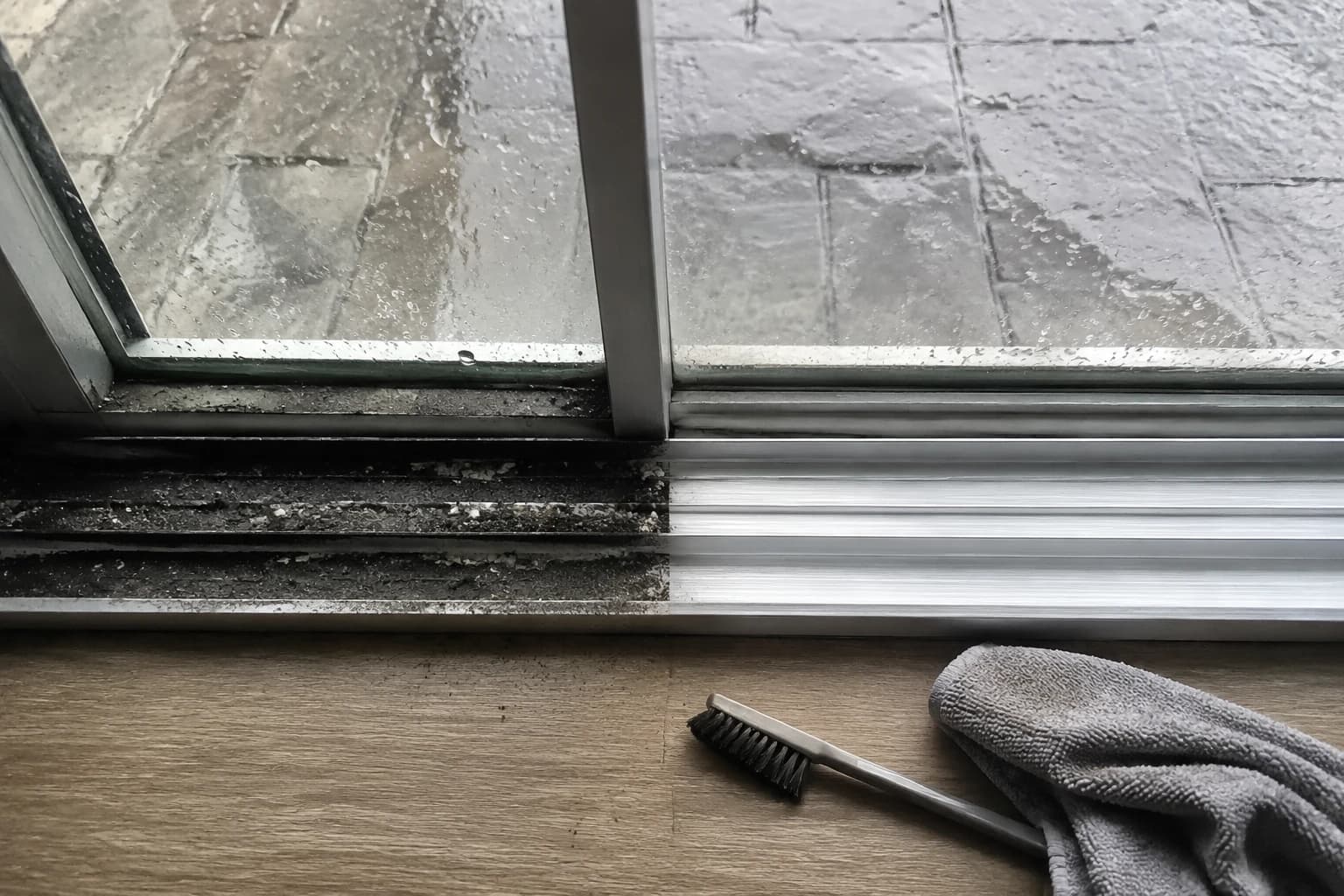Sliding door track half cleaned, dark grit on one side and bare bright metal on the other, with a detail brush and cloth