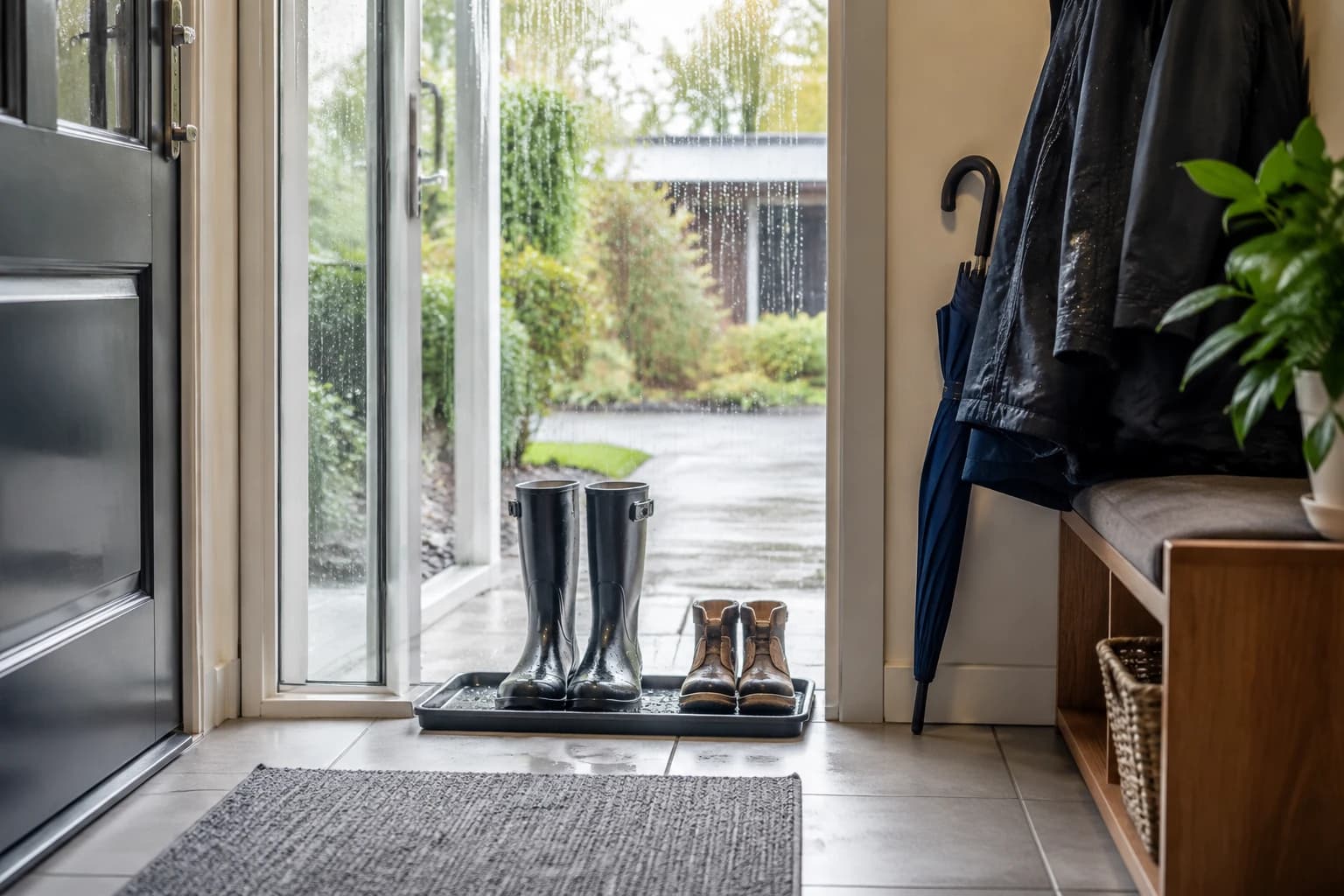 Clean Vancouver entryway on a rainy day with wet boots draining on a tray and a spotless tiled floor