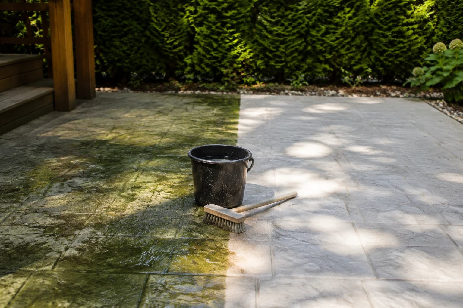 Vancouver backyard patio halfway through a hand clean, moss-covered stone on one side and scrubbed pale stone on the other