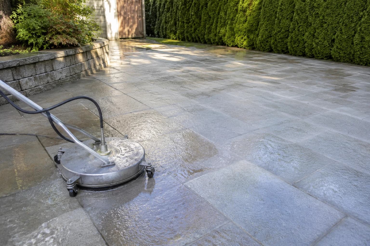 Round flat surface-cleaner attachment cleaning a wide stone patio evenly, with no wand stripes on the finished area behind it
