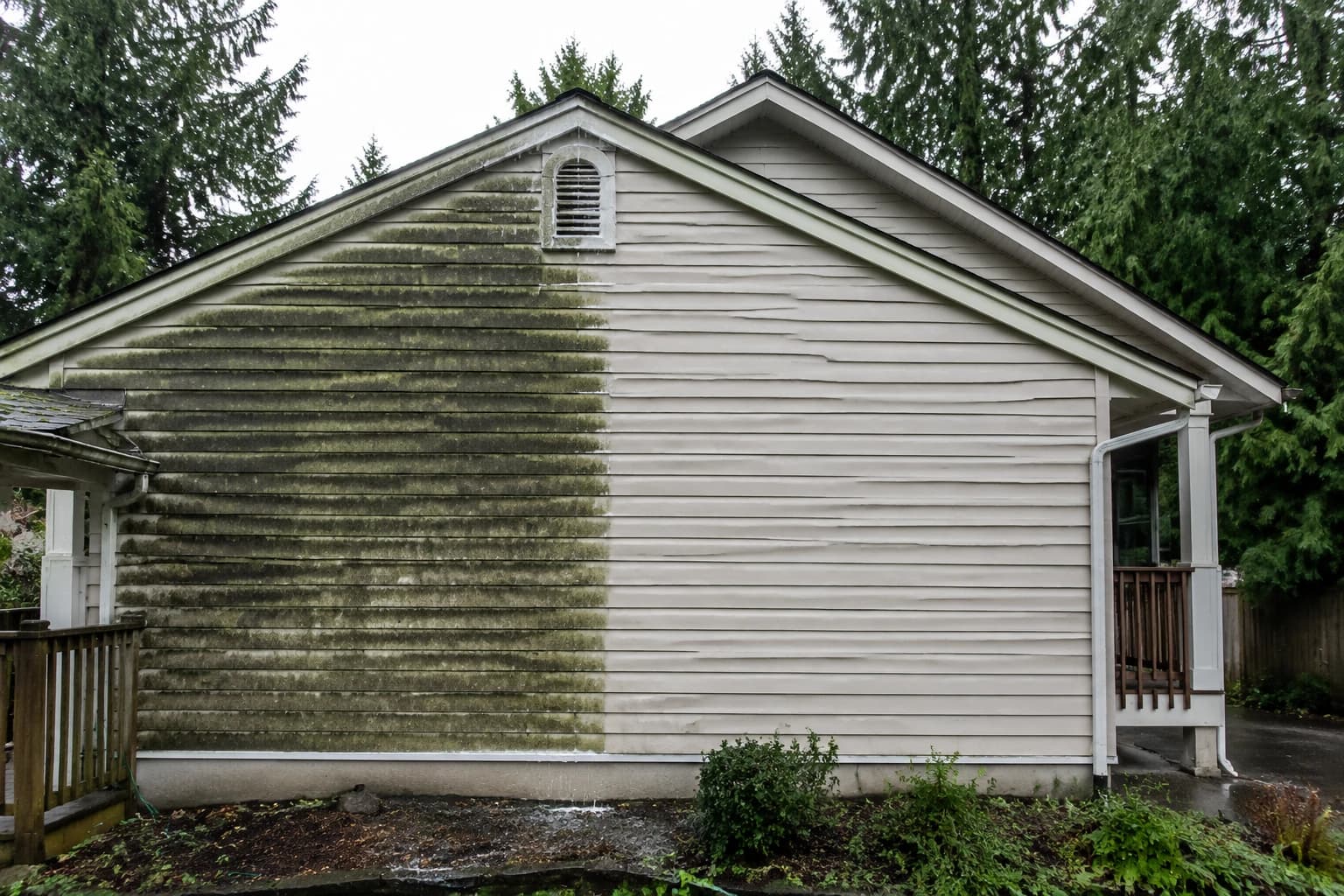 Vancouver house wall washed halfway, green-black algae on one side and clean pale siding on the other