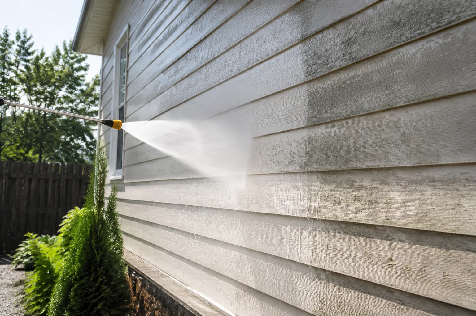 Wide fan spray from a pressure washer wand hitting lap siding from a distance, leaving a clean band beside weathered boards
