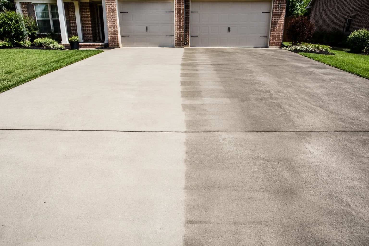 Concrete driveway cleaned only partway across, with a hard edge and faint overlap stripes on the uncleaned half