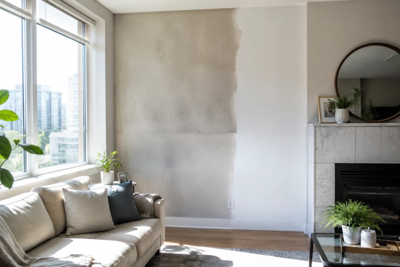 Soot shadow on a Vancouver condo living room wall with one band already cleaned back to bare white paint