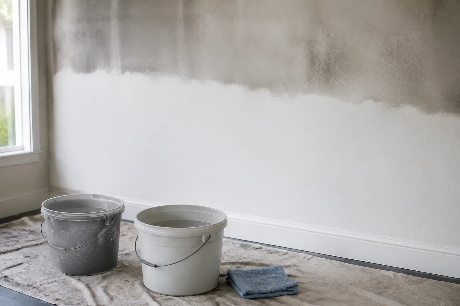 Wall washed clean from the baseboard upward, lower half bright white and upper half still grey with smoke residue
