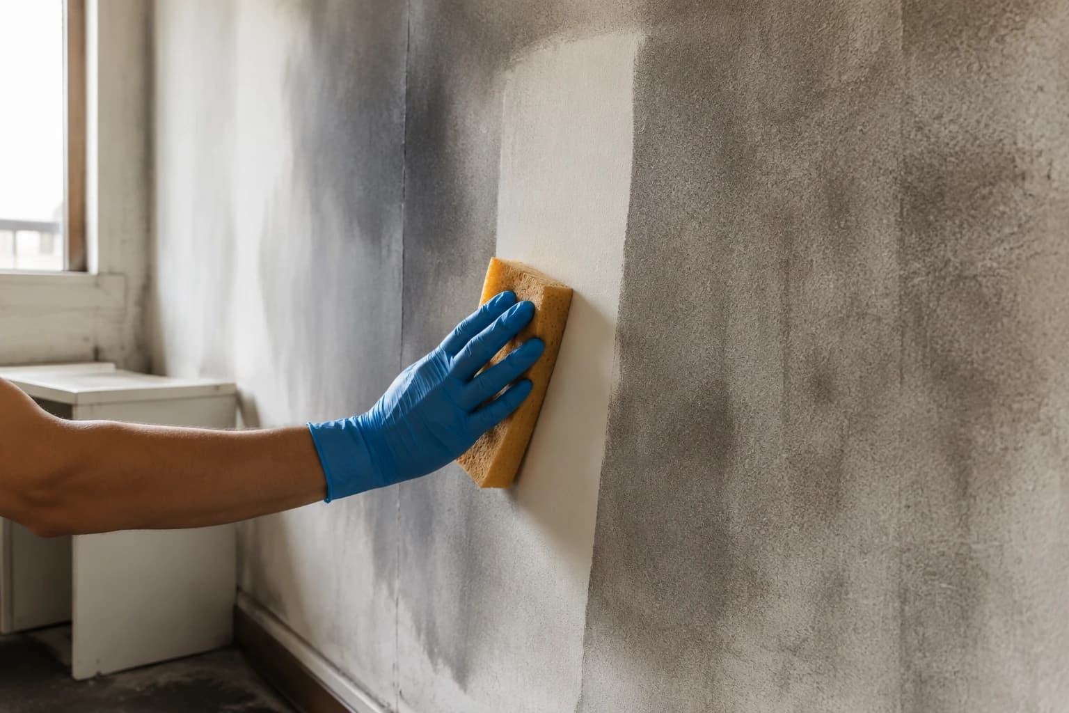 Gloved hand drawing a dry sponge down a smoke-stained wall, leaving one clean pale stripe through the soot