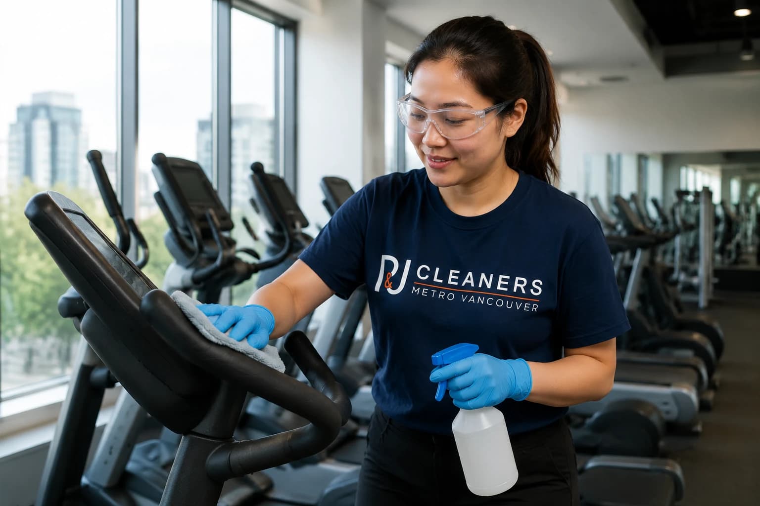 P&J Cleaners team member wiping a cardio machine seat pad during a daily disinfection pass at a Vancouver gym